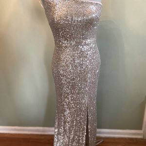 sequin gown, silver/ light gold, stretch